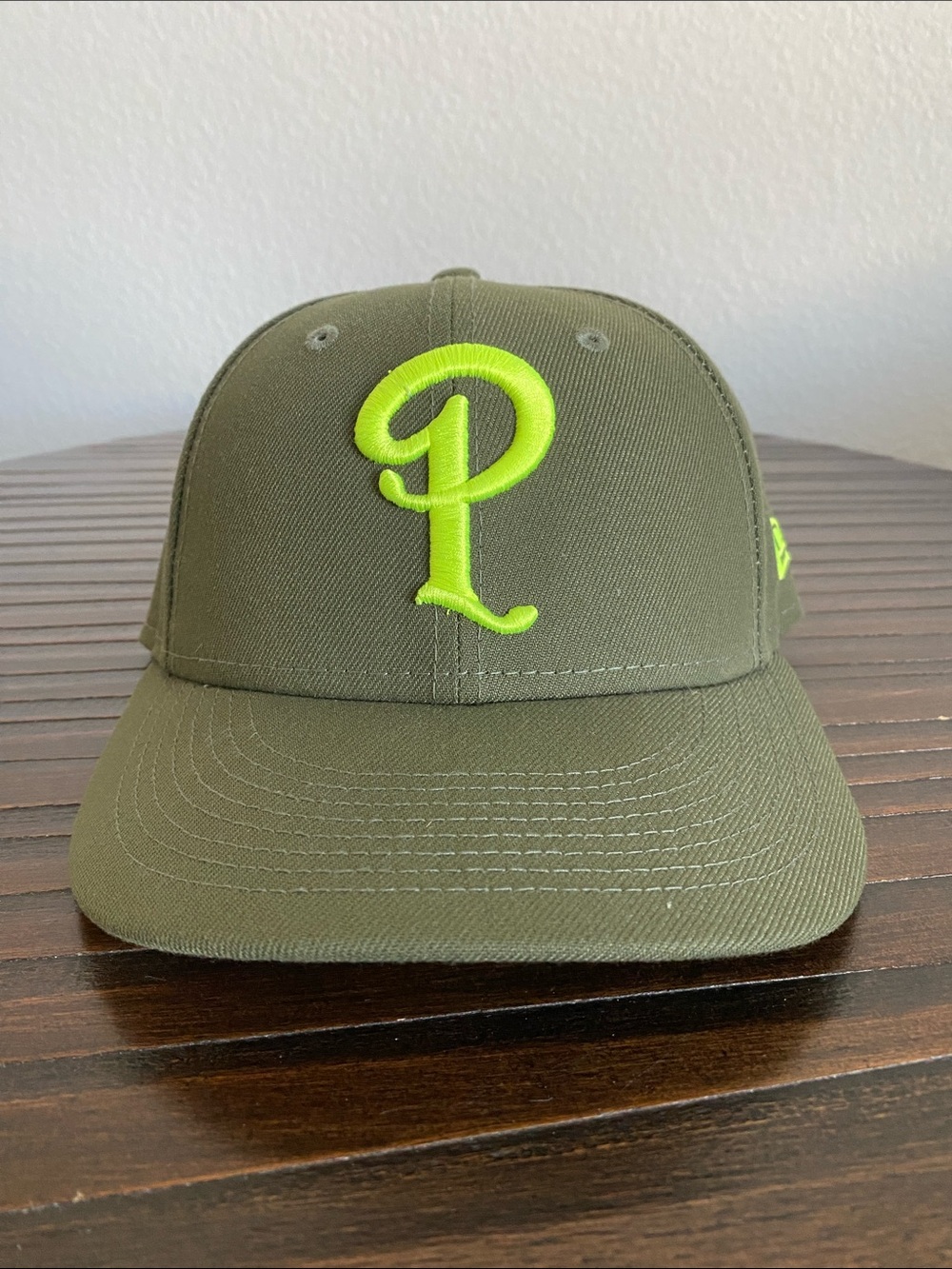 Politics | New Era Olive Green Baseball Cap with Neon Green 'P' Accent - Size 7